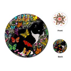 Freckles In Butterflies I, Black White Tux Cat Playing Cards (round)  by DianeClancy