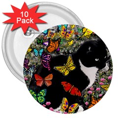 Freckles In Butterflies I, Black White Tux Cat 3  Buttons (10 Pack)  by DianeClancy