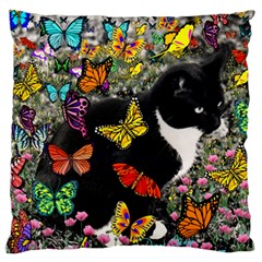 Freckles In Butterflies I, Black White Tux Cat Large Flano Cushion Case (one Side) by DianeClancy