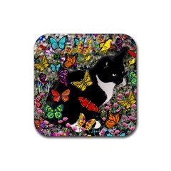 Freckles In Butterflies I, Black White Tux Cat Rubber Coaster (square)  by DianeClancy