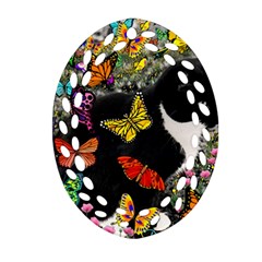 Freckles In Butterflies I, Black White Tux Cat Oval Filigree Ornament (2-side)  by DianeClancy