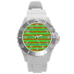 Bright Green Orange Lines Stripes Round Plastic Sport Watch (l)