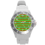 Bright Green Orange Lines Stripes Round Plastic Sport Watch (L) Front