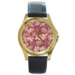 Marsala Leaves Pattern Round Gold Metal Watch Front