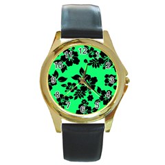 Dark Lime Hawaiian Round Gold Metal Watch by AlohaStore