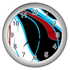 Blue, Red, Black And White Design Wall Clocks (silver)  by Valentinaart