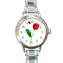 Red Tulip And Bee Round Italian Charm Watch by Valentinaart