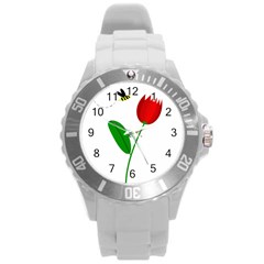 Red Tulip And Bee Round Plastic Sport Watch (l) by Valentinaart