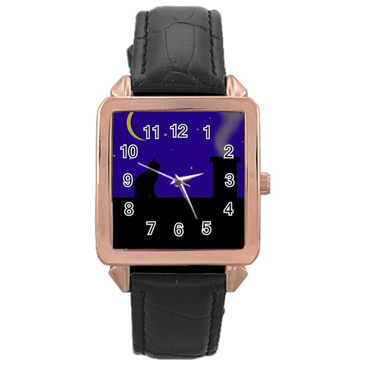 Cat on the roof  Rose Gold Leather Watch 