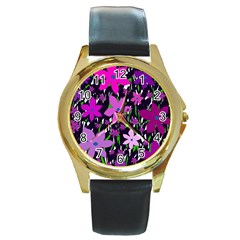 Purple Fowers Round Gold Metal Watch by Valentinaart