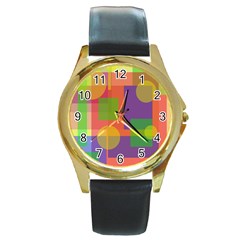 Colorful Geometrical Design Round Gold Metal Watch by Valentinaart