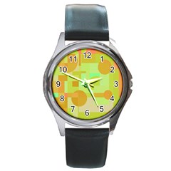 Green And Orange Decorative Design Round Metal Watch by Valentinaart