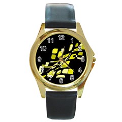 Yellow Abstraction Round Gold Metal Watch by Valentinaart