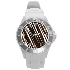 Black Brown And White Camo Streaks Round Plastic Sport Watch (l) by TRENDYcouture