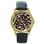 Black Brown And White camo streaks Round Gold Metal Watch