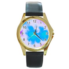 Blue And Purple Clouds Round Gold Metal Watch by TRENDYcouture