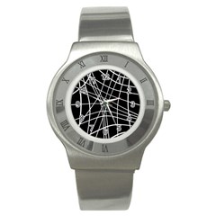 Black And White Elegant Lines Stainless Steel Watch by Valentinaart