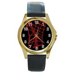 Neon Red Abstraction Round Gold Metal Watch by Valentinaart