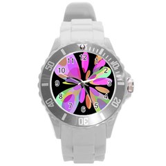 Pink Abstract Flower Round Plastic Sport Watch (l) by Valentinaart