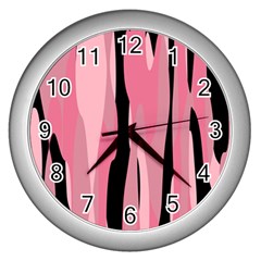 Black And Pink Camo Abstract Wall Clocks (silver)  by TRENDYcouture