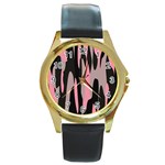 pink and black camouflage abstract Round Gold Metal Watch