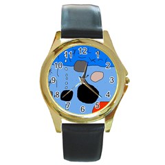 Blue Abstraction Round Gold Metal Watch by Valentinaart