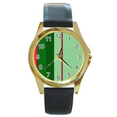 Green And Red Design Round Gold Metal Watch by Valentinaart