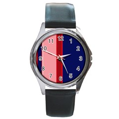 Pink And Blue Lines Round Metal Watch by Valentinaart