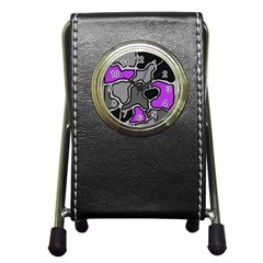 Purple And Gray Abstraction Pen Holder Desk Clocks by Valentinaart