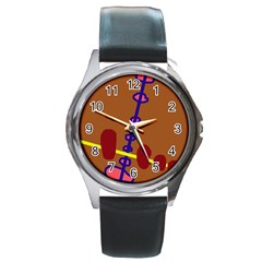 Brown Abstraction Round Metal Watch by Valentinaart