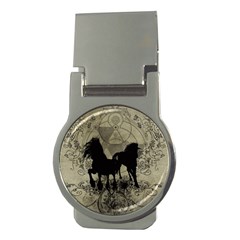 Wonderful Black Horses, With Floral Elements, Silhouette Money Clips (round)  by FantasyWorld7