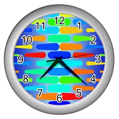 Colorful Shapes On A Blue Background                                                                                       			wall Clock (silver) by LalyLauraFLM