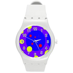 Purple And Yellow Dots Round Plastic Sport Watch (m) by Valentinaart