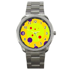 Yellow And Purple Dots Sport Metal Watch by Valentinaart