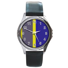 Blue And Yellow Lines Round Metal Watch by Valentinaart