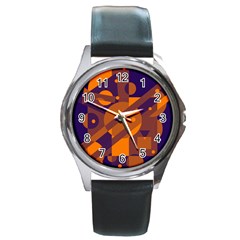 Blue And Orange Abstract Design Round Metal Watch by Valentinaart