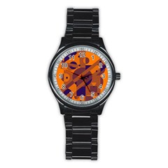 Orange And Blue Abstract Design Stainless Steel Round Watch by Valentinaart