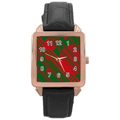 Red and green abstract design Rose Gold Leather Watch 