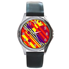Hot Circles And Lines Round Metal Watch by Valentinaart