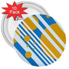 Blue, Yellow And White Lines And Circles 3  Buttons (10 Pack)  by Valentinaart