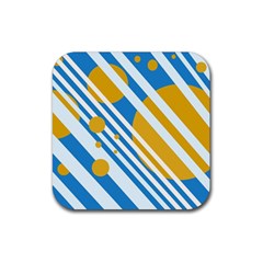 Blue, Yellow And White Lines And Circles Rubber Square Coaster (4 Pack)  by Valentinaart