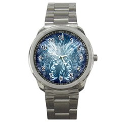 Music, Decorative Clef With Floral Elements In Blue Colors Sport Metal Watch by FantasyWorld7