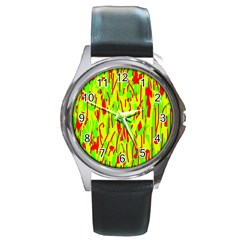 Green And Red Pattern Round Metal Watch by Valentinaart