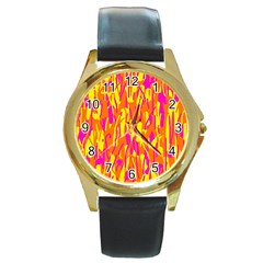 Pink And Yellow Pattern Round Gold Metal Watch by Valentinaart