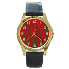 Red And Green Pattern Round Gold Metal Watch by Valentinaart