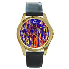 Orange, Blue And Yellow Pattern Round Gold Metal Watch by Valentinaart