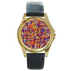 Orange, Blue And Yellow Pattern Round Gold Metal Watch