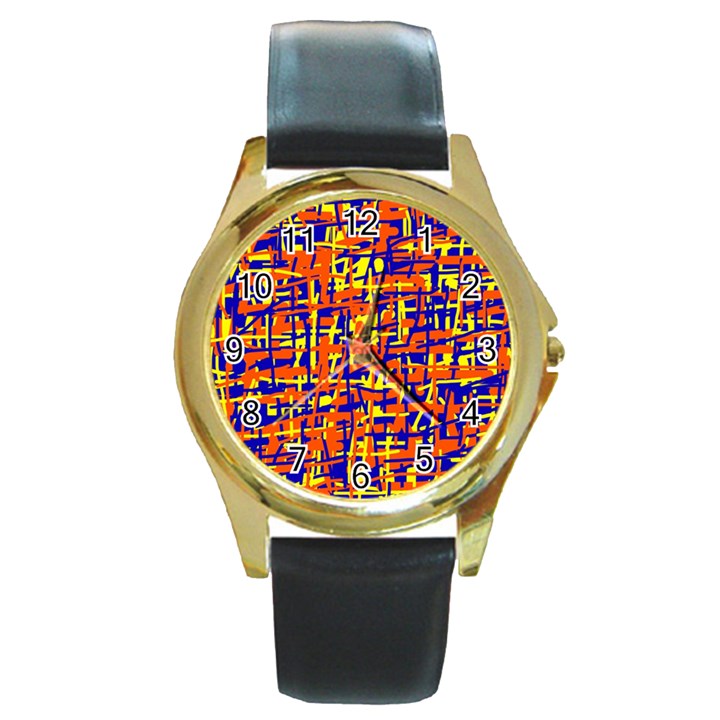 Orange, blue and yellow pattern Round Gold Metal Watch