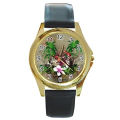 Wonderful Tropical Design With Palm And Flamingo Round Gold Metal Watch by FantasyWorld7