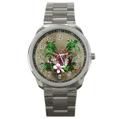 Wonderful Tropical Design With Palm And Flamingo Sport Metal Watch by FantasyWorld7